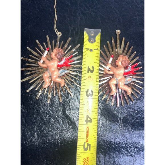 2 Vtg Cherub Angel Christmas Ornaments w/ Gold Rays Star Burst Red Wings Candle - Picture 5 of 5